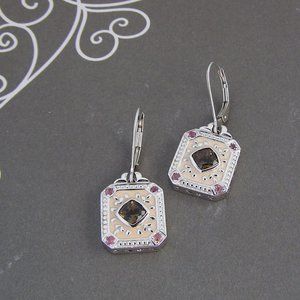 Sterling Silver Enamel Earrings Designer Smoky Quartz Pink Enamel Geometric Drop